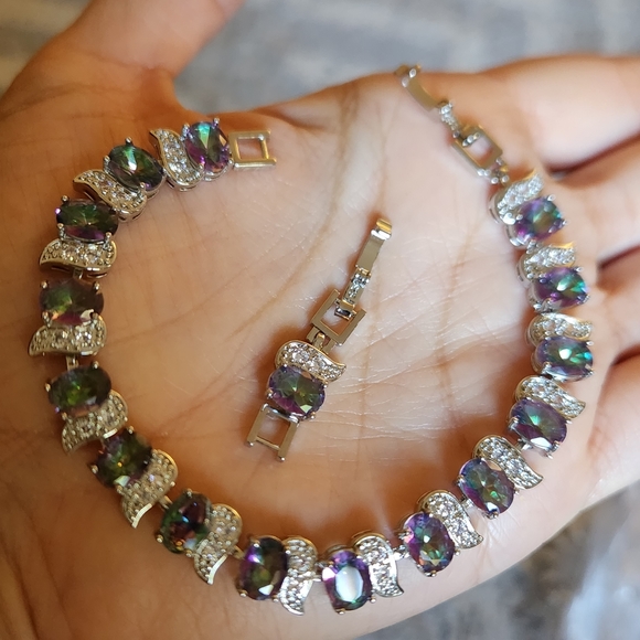 New 925 Silver Oval Cut Mystic Topaz Diamond Bracelet for Women with Extention - Picture 8 of 11